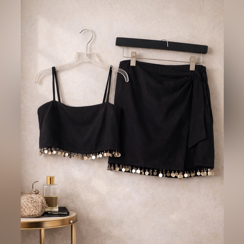 NWT JASON WU Wrap Skirt and Top Crop Seashell Sequin Trim Black Set, 6